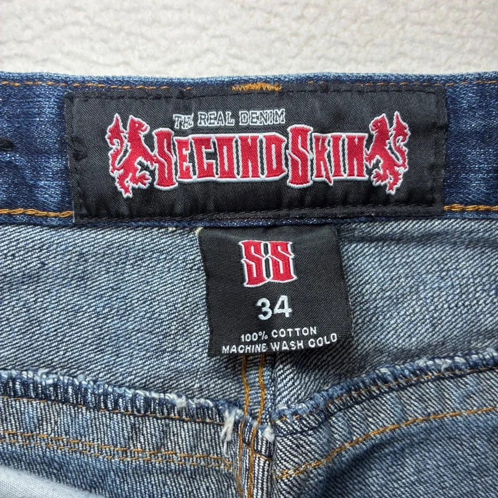 Y2K Second Skin Baggy Jeans Men 34x33 Blue Faded Whiskered Loose Straight Skater